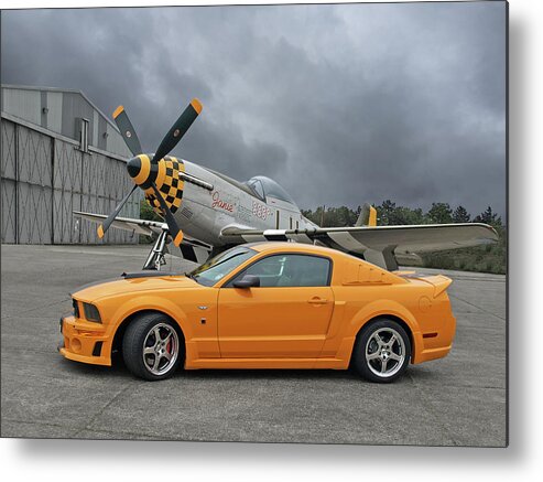 Ford Mustang Metal Print featuring the photograph High Flyers - Mustang and P51 by Gill Billington