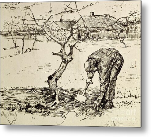 Orchard Metal Print featuring the drawing In the Orchard by Vincent Van Gogh