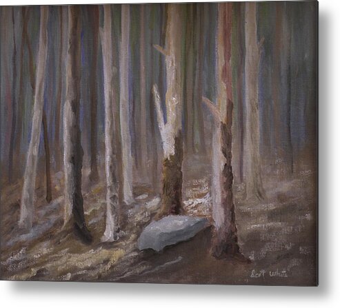 Woods Trees Landscape Rocks Sunlight Mist Metal Print featuring the painting Into The Woods by Scott W White