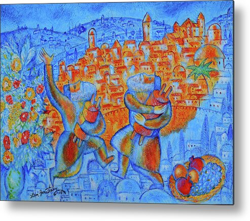 Jewish Art Judaica Jerusalem Religious Religion Israel Torah Bible Simchat Torah Hasidim Metal Print featuring the painting Jerusalem of Gold by Leon Zernitsky