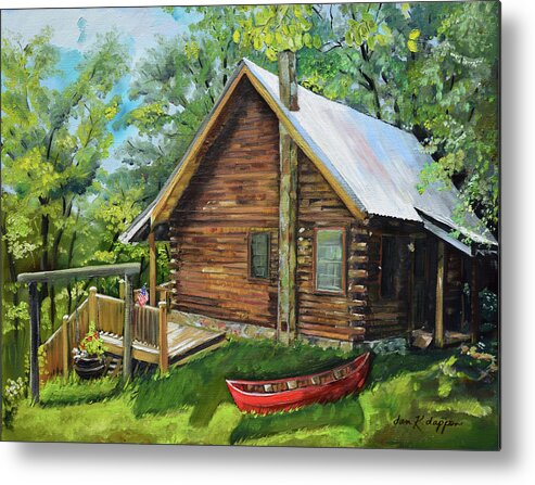 Log Cabin Metal Print featuring the painting Joe's Cabin and Red Canoe - Ellijay - North Ga Mtns by Jan Dappen
