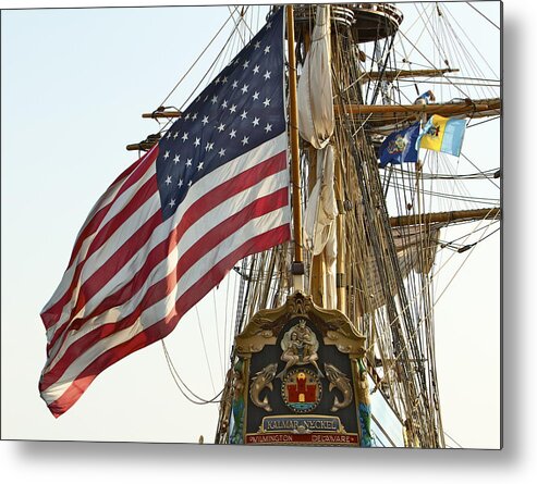 Kalmar Nyckel American Flag Tall Ship Wilmington Delaware Penns Landing Philadelphia Metal Print featuring the photograph Kalmar Nyckel American Flag by Alice Gipson