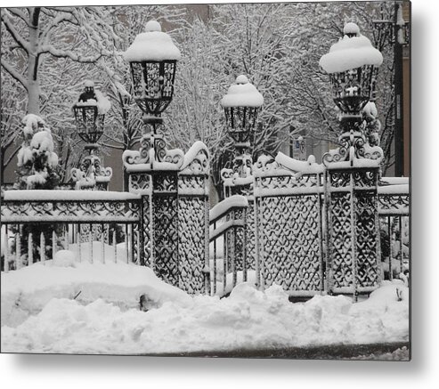 Country Club Plaza Metal Print featuring the photograph KC Plaza is Art in the Snow by Michael Oceanofwisdom Bidwell