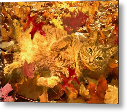 Kitty Metal Print featuring the photograph Kitty In Fall Leaves by Theresa Campbell