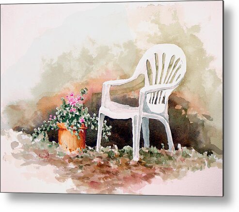 Chair Metal Print featuring the painting Lawn Chair with Flowers by Sam Sidders