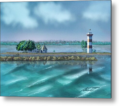 Landscape Metal Print featuring the painting LightHouse at Lake Conroe by Dale Turner