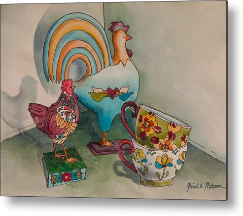 Still Life Metal Print featuring the painting Linda's Chickens II by Heidi E Nelson