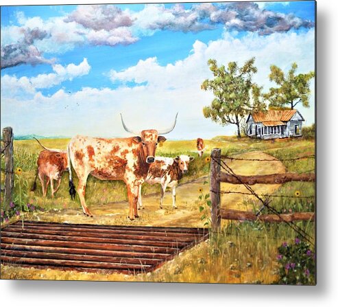 Longhorns Metal Print featuring the painting Longhorn stand off your place or mine by Michael Dillon