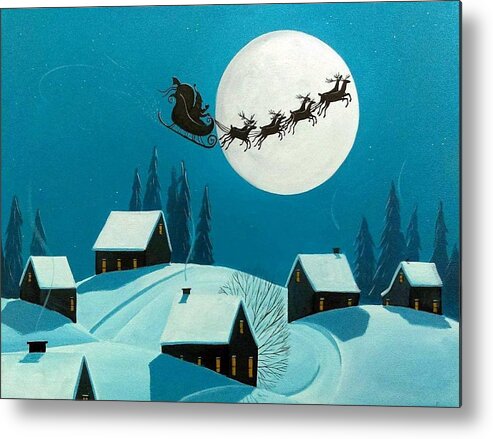 Art Metal Print featuring the painting Magical Night - Santa reindeer Christmas landscape by Debbie Criswell