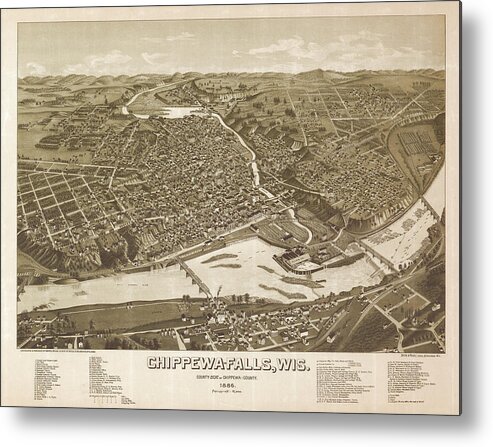 Bird's Eye View Metal Print featuring the painting Map Chippewa-Falls, Wisconsi, county-seat of Chippewa-County 1886 by Wellge
