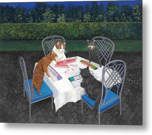 Cat Art Metal Print featuring the painting Meowjongg - Cats playing Mahjongg by Karen Zuk Rosenblatt