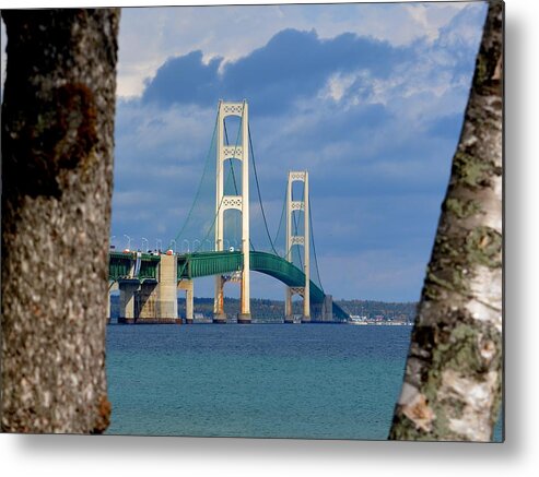 Mackinac Bridge Metal Print featuring the photograph Mighty Mac Framed by Trees by Keith Stokes