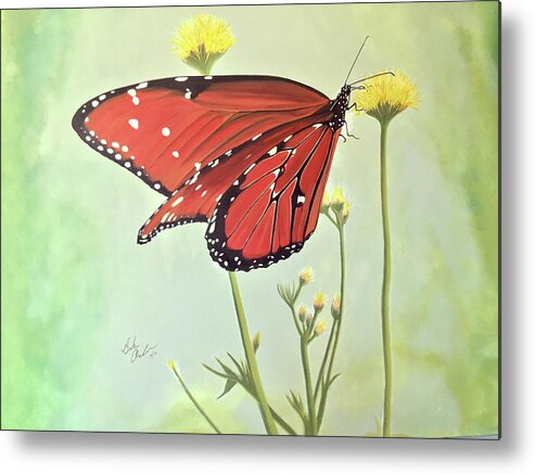 Nature Metal Print featuring the painting Monarch on Milkweed by Barbara Andrews
