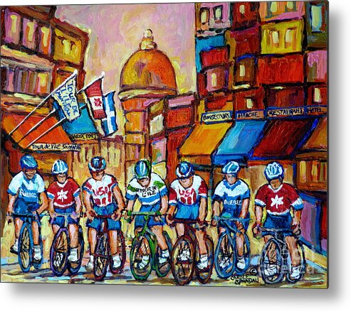 Montreal Metal Print featuring the painting Montreal Cyclists Old Montreal Bike Race Tour De L'ile Canadian Paintings Carole Spandau       by Carole Spandau