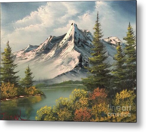 Mountain Landscape Trees Sky Clouds Oil Painting Trees Lake Valley Stream Pines Wilderness Metal Print featuring the painting Mountain reflections by Justin Wozniak