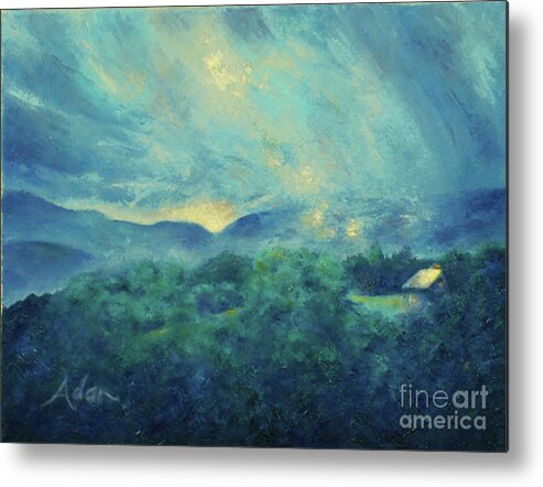Blue Green Metal Print featuring the painting Mountain Road Cabin and Sunrise Stowe Vermont circa 2018 by Felipe Adan Lerma