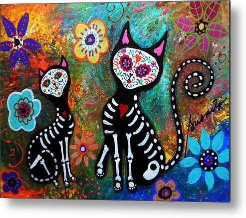 Day Of The Dead Metal Print featuring the painting My Cats Dia De Los Muertos by Pristine Cartera Turkus