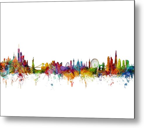 Cityscape Metal Print featuring the digital art New York and London Skyline Mashup by Michael Tompsett