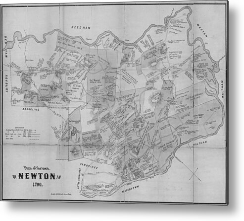 Newton Metal Print featuring the digital art Newton MA city plans from 1700 black and white by Toby McGuire