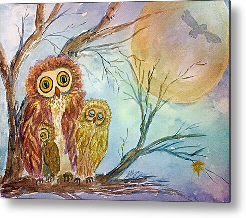 Night Owls Metal Print featuring the painting Night Owls Harvest Moon by Ellen Levinson