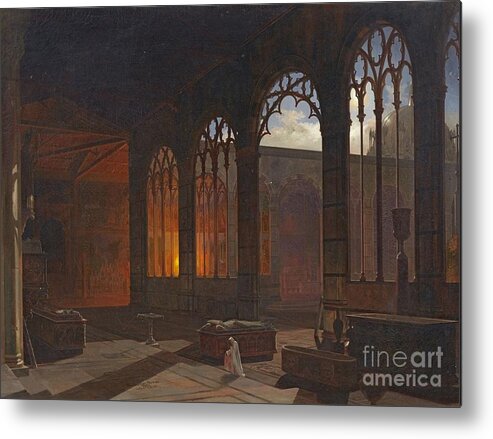 A. E. Haffer Metal Print featuring the painting Night Scene with a Monk in a Gothic Cloister by MotionAge Designs