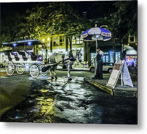 Wilmington's Riverfront Was Named The best American Riverfront By Usa Today.it Is Minutes Away From Nearby Beaches. Tours Metal Print featuring the photograph Night tours by horse drawn carriage. by WAZgriffin Digital