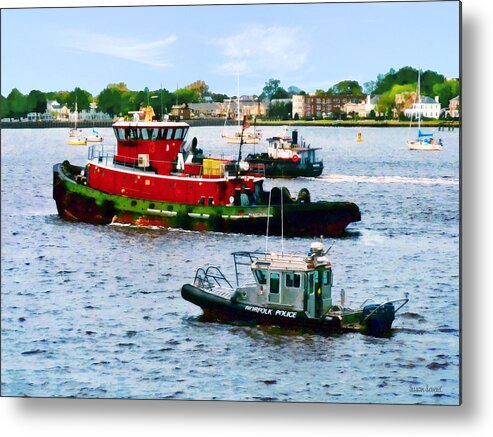 Boat Metal Print featuring the photograph Norfolk VA - Police Boat and Two Tugboats by Susan Savad