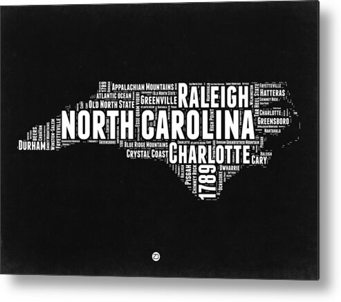 North Carolina Metal Print featuring the digital art North Carolina black and white word Cloud Map by Naxart Studio