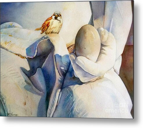 Oiseau Metal Print featuring the painting Oiseau Oeuf et Statue by Francoise Chauray
