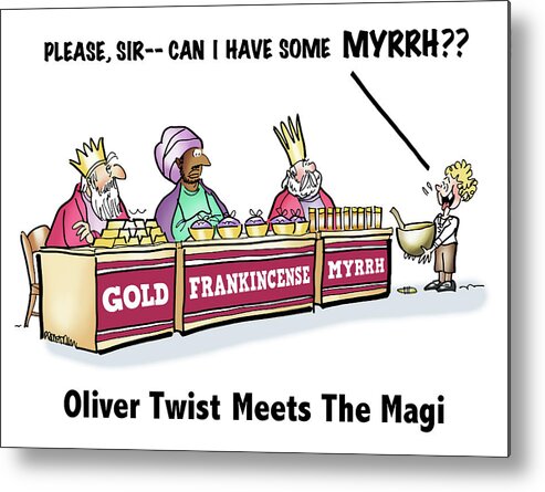 Christmas Metal Print featuring the digital art Oliver Wants Some Myrrh by Mark Armstrong
