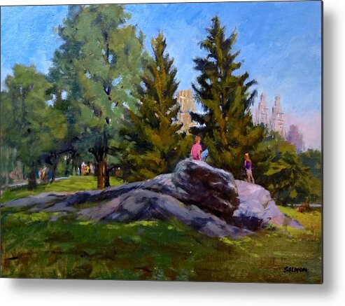 Landscape Metal Print featuring the painting On the Rocks in Central Park by Peter Salwen