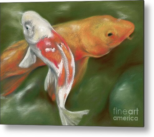 Animal Metal Print featuring the painting Orange and White Koi with Mossy Stones by MM Anderson