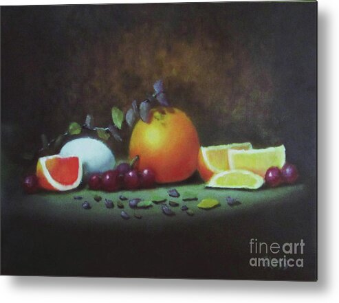 Still Life Metal Print featuring the painting Oranges and Egg by Tina Glass