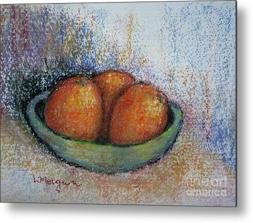 Orange Metal Print featuring the painting Oranges in Celadon Bowl by Laurie Morgan