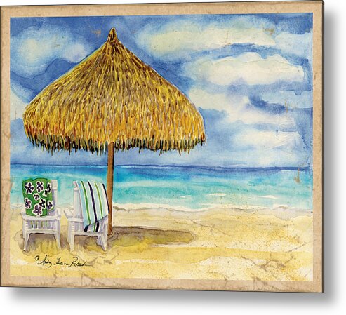 Palappa Metal Print featuring the painting Palappa n Adirondack Chairs on the Mexican Shore by Audrey Jeanne Roberts