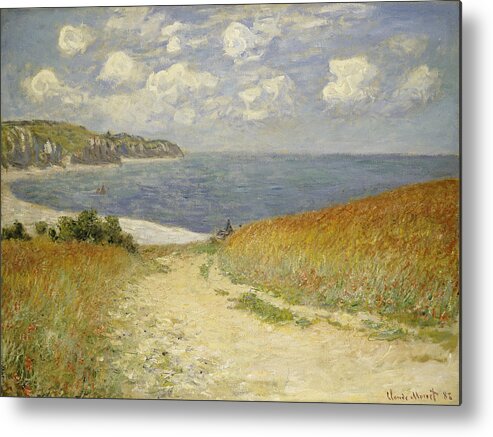 Path In The Wheat At Pourville 1882 (oil On Canvas) By Claude Monet (1840-1926) Chemin Dans Les Bles At Pourville; Seine-maritime; Coast; Sea; Bay; Landscape; Fields; Country; Impressionist; Meadow; Field; Coastal; Monet Beach Shore Shoreline Coast Coastal Monet Impressionism Sea Seas Ocean Seaside Water Bay Quay Seascape Seascapes Ocean Nautical Marine Marina Maritime Seafaring Pier Wharf Jetty Sail Sailboat Sailboats Sailing Navy Naval Yacht Yachts Monet Metal Print featuring the painting Path in the Wheat at Pourville by Claude Monet