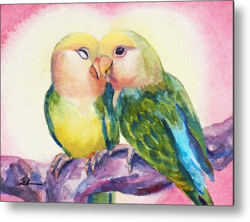 Lovebirds Metal Print featuring the painting Peach-faced Lovebirds by Janet Zeh