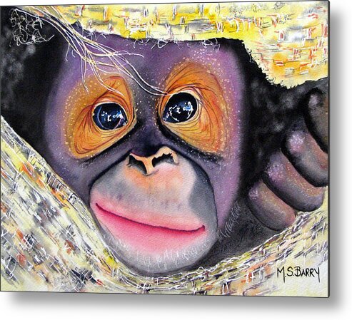 Baby Orangutan Metal Print featuring the painting Peek A Boo by Maria Barry