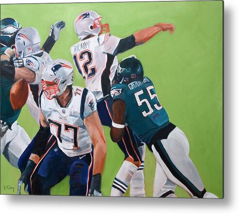 Football Metal Print featuring the painting Philadelphia Eagles Strip-Sack of Tom Brady in Super Bowl LII by Donna Tuten