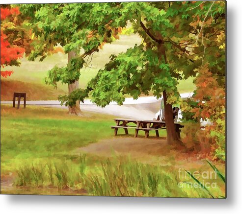 Picnic Tables On Olana Metal Print featuring the painting Picnic Tables on Olana 3 by Jeelan Clark