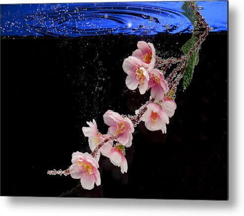 Water Metal Print featuring the photograph Pink Blossom in Water with Bubbles by Dmitry Soloviev