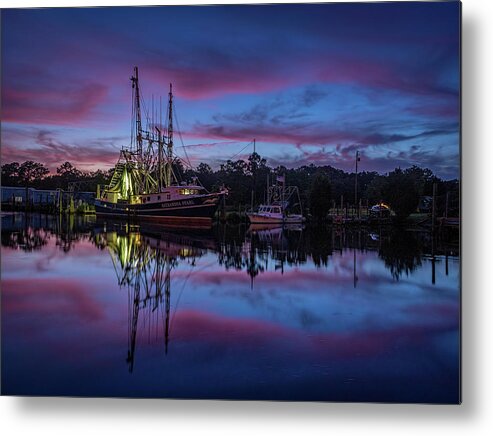 Boat Metal Print featuring the photograph Pink Clouds Frame a Shrimp Boat by Brad Boland