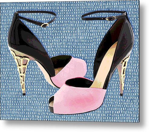 Shoes Heels Pumps Fashion Designer Feet Foot Shoe Stilettos Painting Paintings Illustration Illustrations Sketch Sketches Drawing Drawings Pump Stiletto Fetish Designer Fashion Boot Boots Footwear Sandal Sandals High+heels High+heel Women's+shoes Graphic Sophisticated Elegant Modern Metal Print featuring the painting Pink Patent Leather with Sculpted Metal Heels by Elaine Plesser