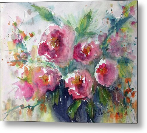 Watercolor Metal Print featuring the painting Pink Pops by Judith Levins