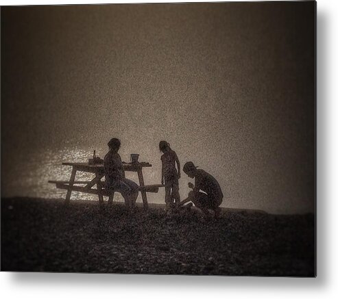 Nova Scotia Beach Sunset Children At Play Beach Scenes Picnic Table Black And White Silhouettes Dusk Evening On The Beach Relaxing Pebbles Sand Ocean Sea Peace Tranquility Picnic Time Supper On The Beach  Metal Print featuring the photograph Playtime by David Matthews