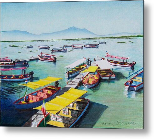 Sea Scape Metal Print featuring the mixed media Pleasure boats on Lake Chapala by Constance Drescher