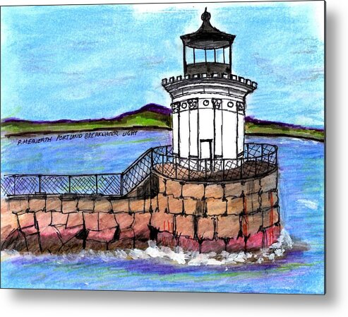Drawings By Paul Meinerth Metal Print featuring the drawing Portland Breakwater Lighthouse by Paul Meinerth