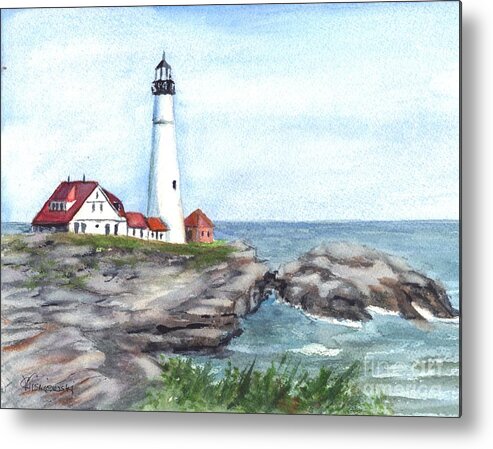Coastal Scene Metal Print featuring the painting Portland Head Lighthouse Maine USA by Carol Wisniewski