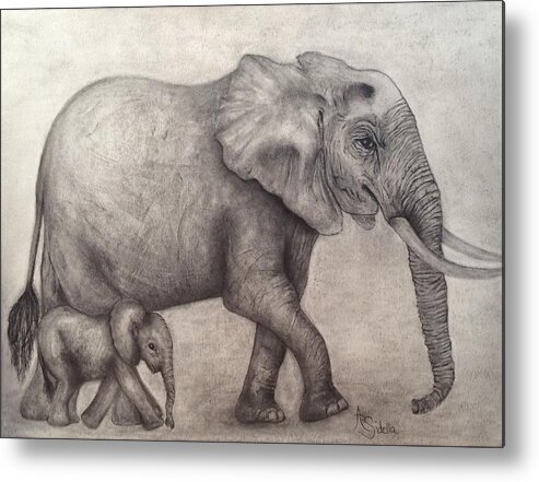 African Elephants Metal Print featuring the painting Proud Mama by Annamarie Sidella-Felts