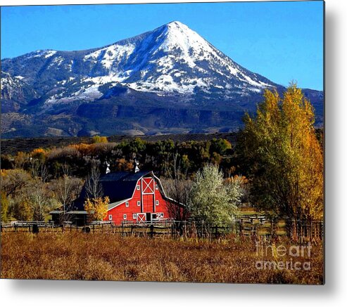 First Snow Sets Off Peak With Red Barn In Fore Ground Paonia Colorado Metal Print featuring the digital art Red Barn in Paonia Colorado by Annie Gibbons